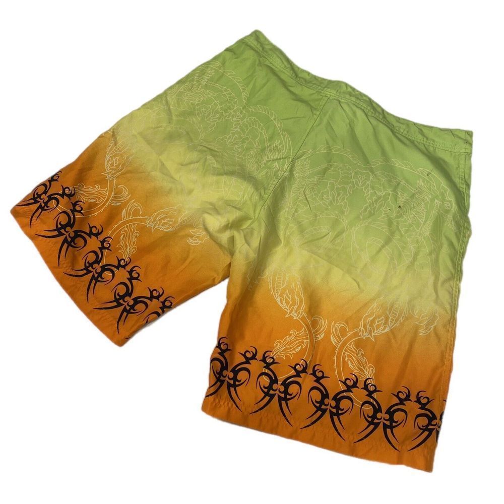 VTG JNCO Jeans Men's Board Shorts Dragon Tribal Neon Size 36 Swim Swimwear 90s - Picture 2 of 8
